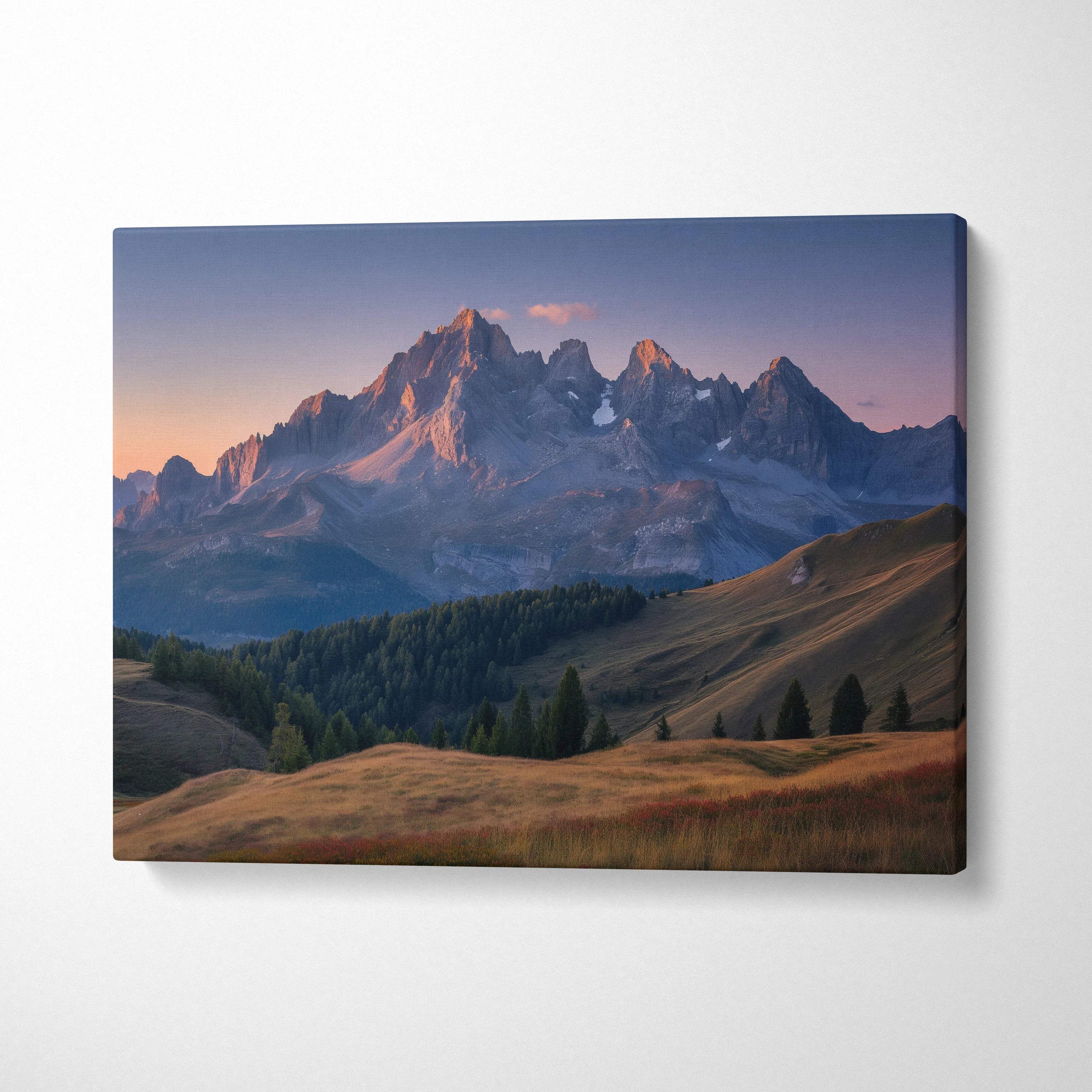 Canvas print of majestic snow-capped mountains at golden hour sunset with lavender sky