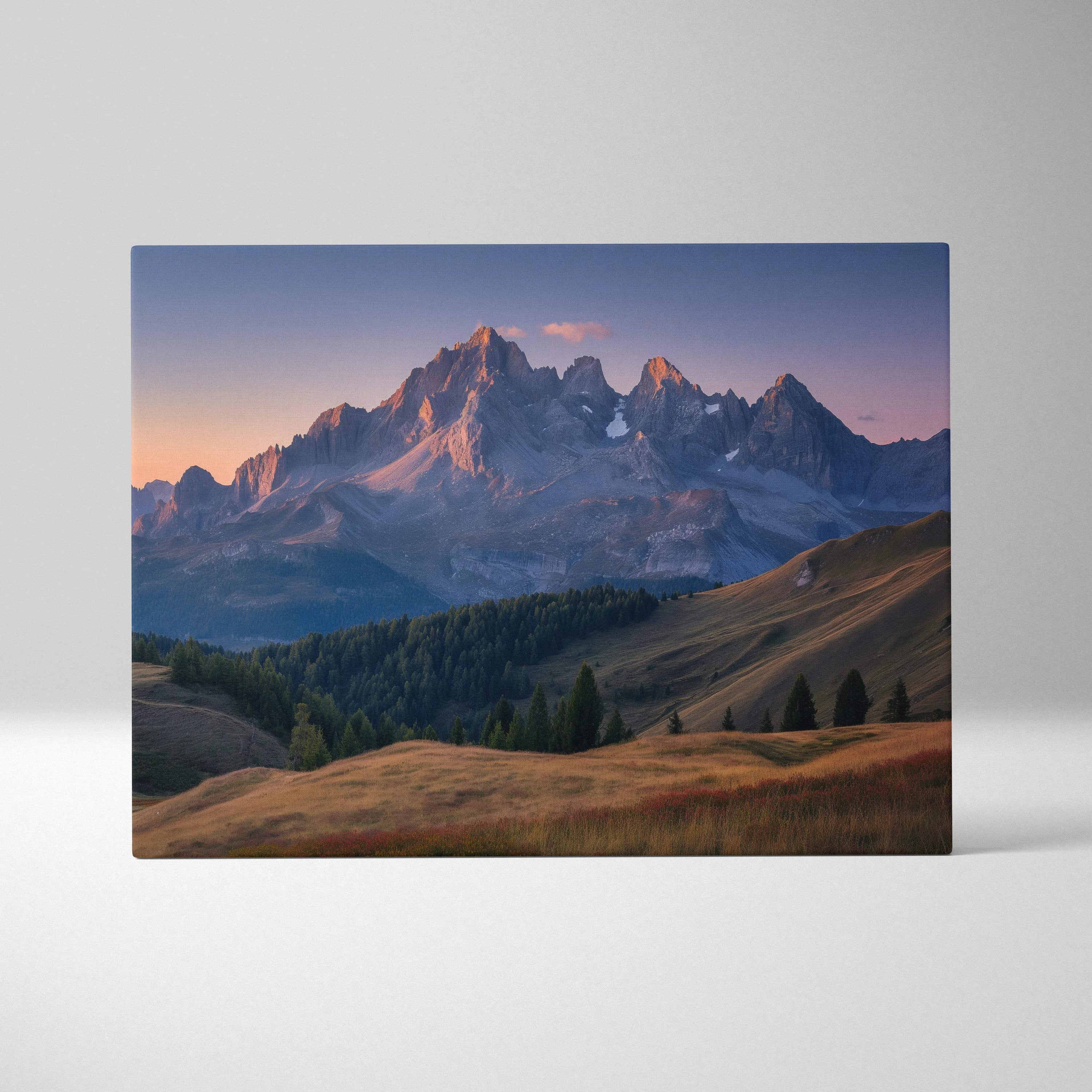 Canvas print of majestic mountain range at golden hour sunset with lavender sky