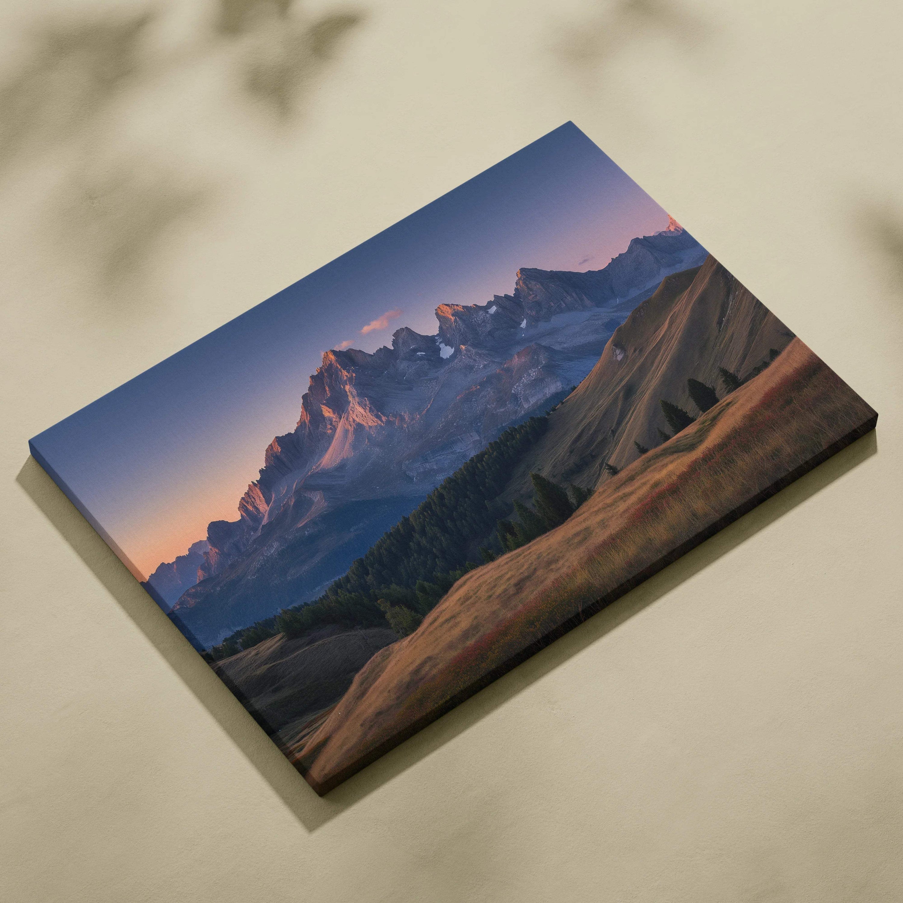 Canvas print of mountain range panorama at sunset in lavender sky golden tones