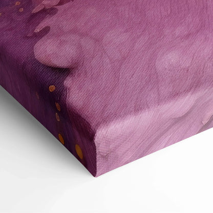 Purple abstract digital art on textured canvas wall art with subtle orange accents.