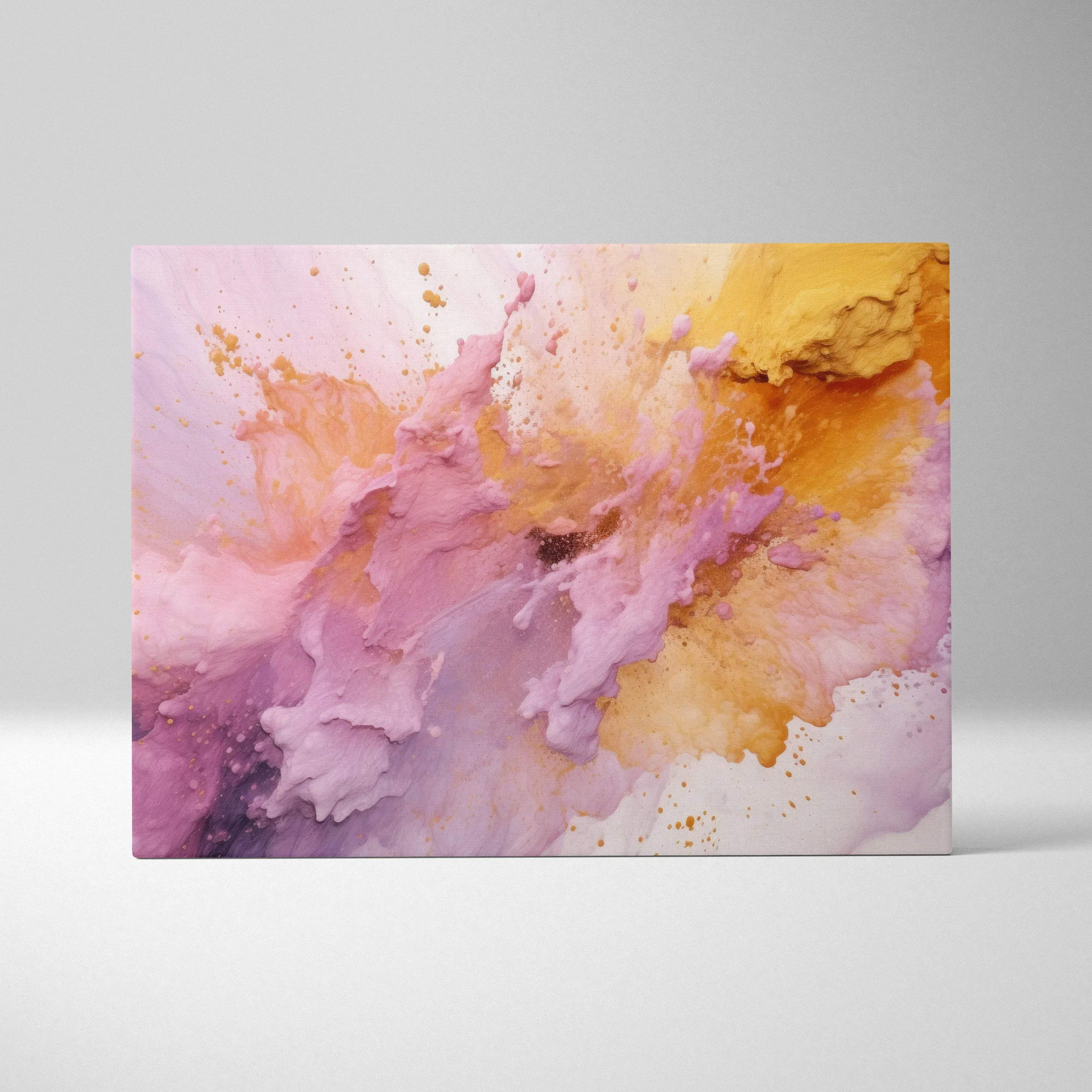 Abstract digital canvas art with pink, purple, and golden yellow fluid textures on wall art canvas.