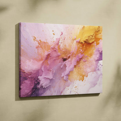 Abstract canvas wall art featuring pink, purple, and gold watercolor textures on digital canvas art print.