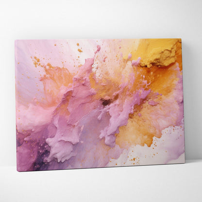 Abstract digital canvas wall art with pink, purple, and orange fluid textures on white background.