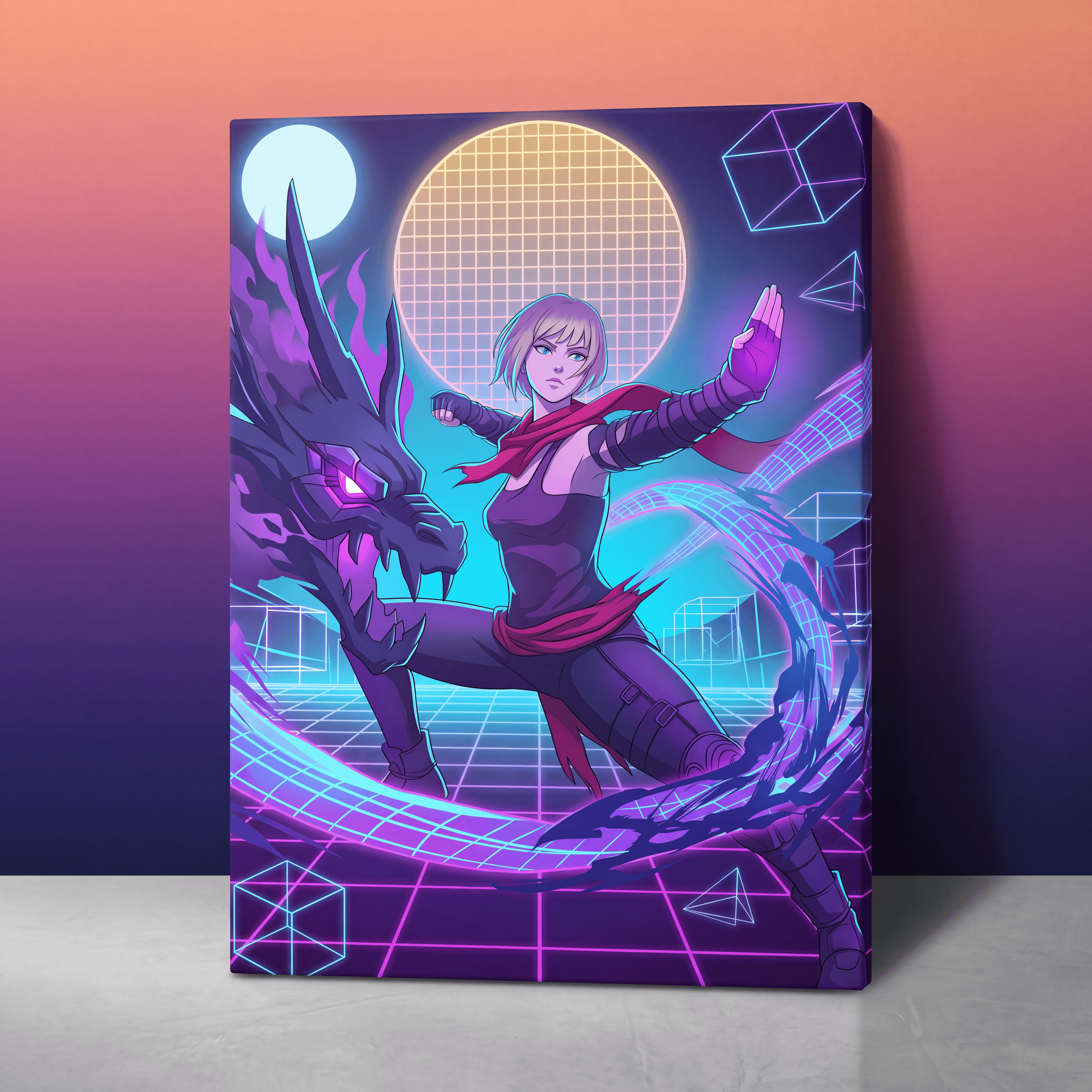 Neon purple and blue cyberpunk-themed canvas print featuring a female warrior in combat stance with a glowing dragon.