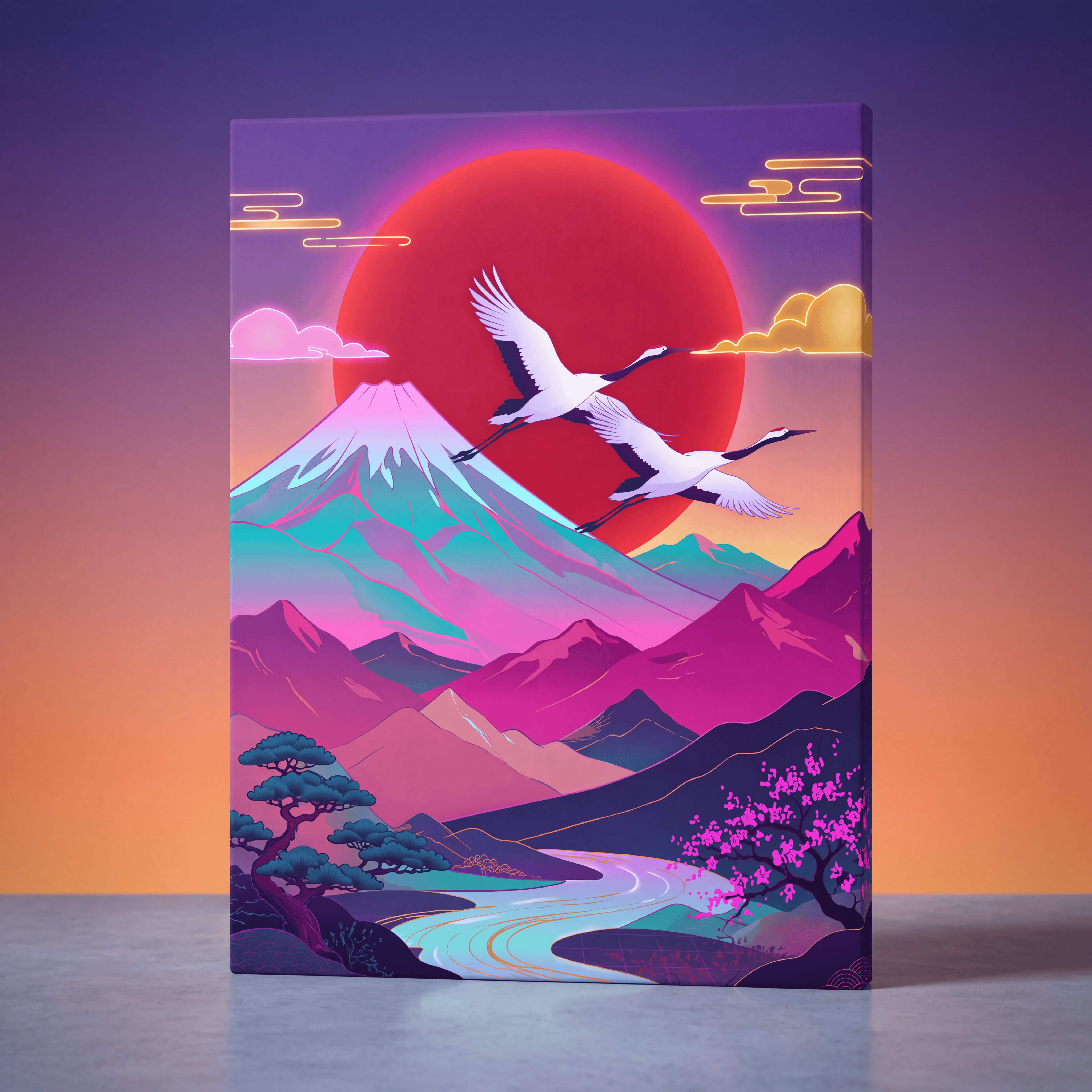 Vibrant neon-style canvas print featuring mount fuji with two white cranes in flight against a glowing red sun and layered mountain ranges.