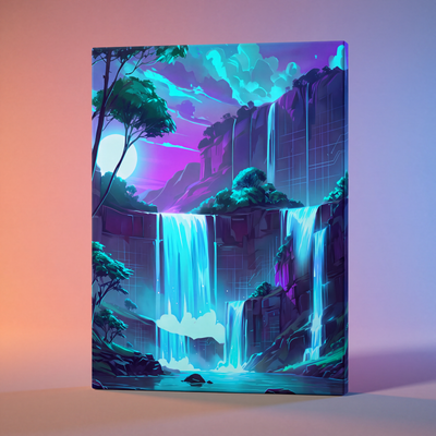 Vibrant neon cyberpunk waterfall landscape canvas print with glowing turquoise cascades, purple mountains, and a radiant moon against a gradient sky.