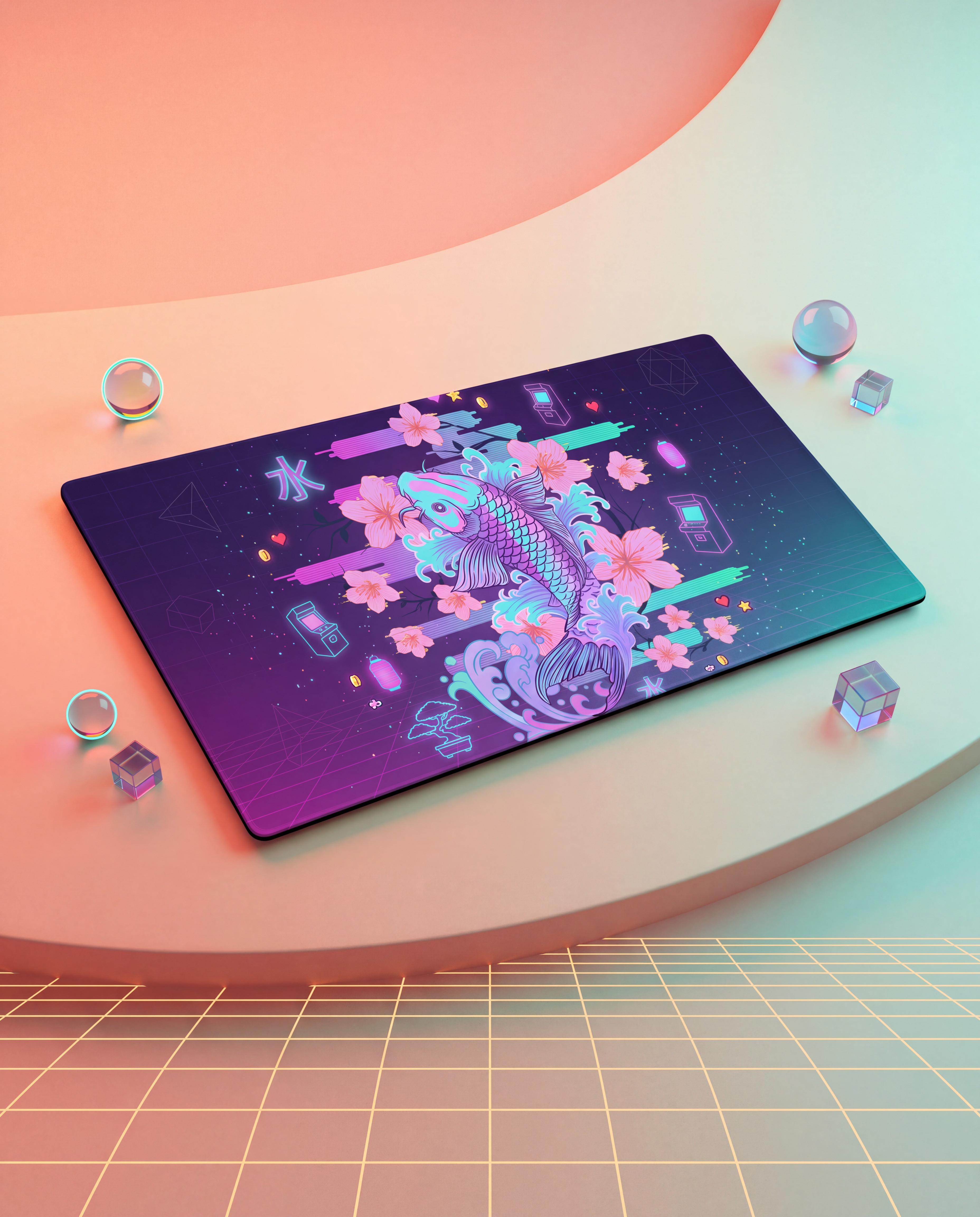A vibrant neon-koi fish design adorns a sleek, rectangular gaming mousepad with gradient purple and blue hues.