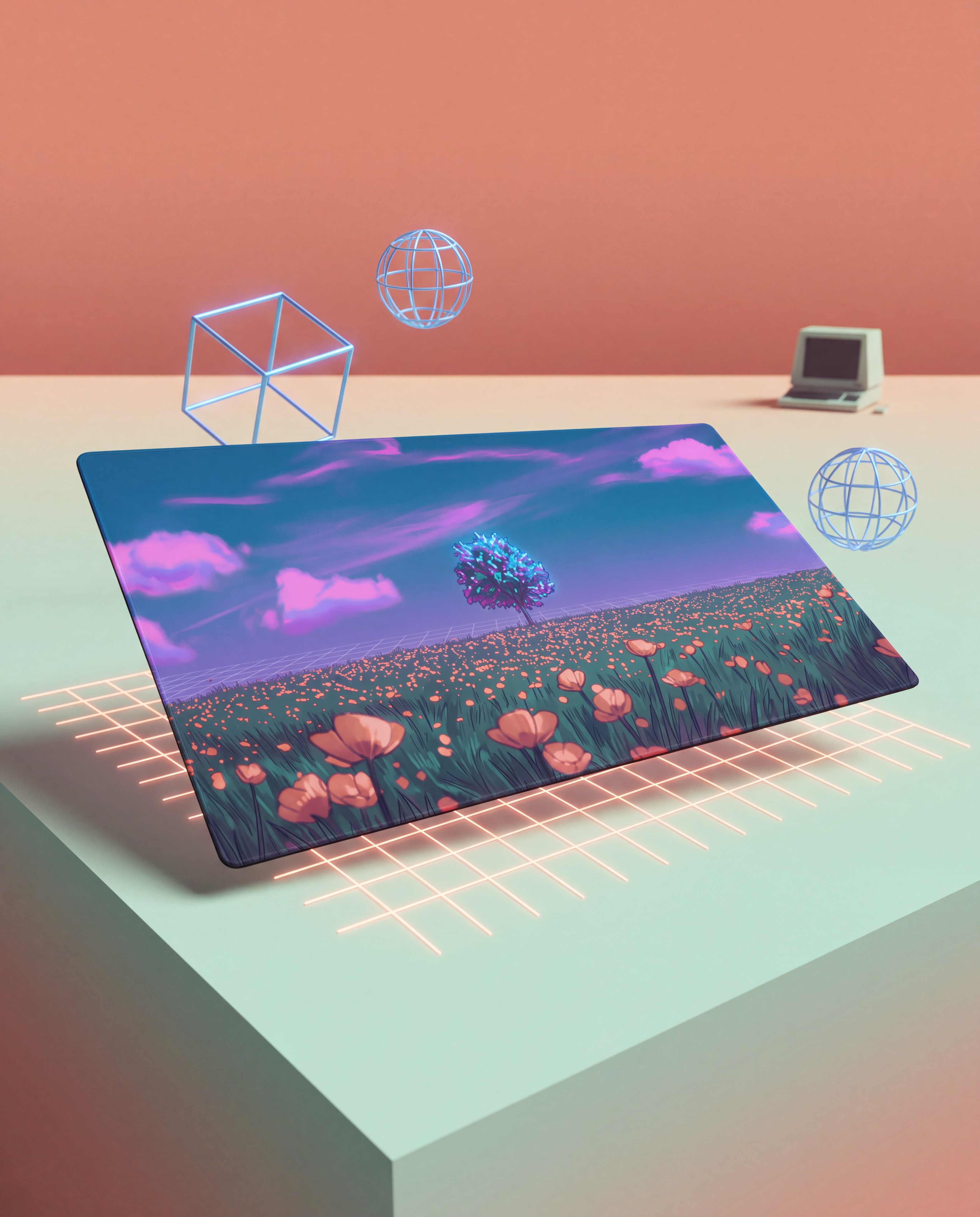 A rectangular, glossy mousepad featuring a vibrant digital illustration of a field with orange poppies under a purple sky and clouds.