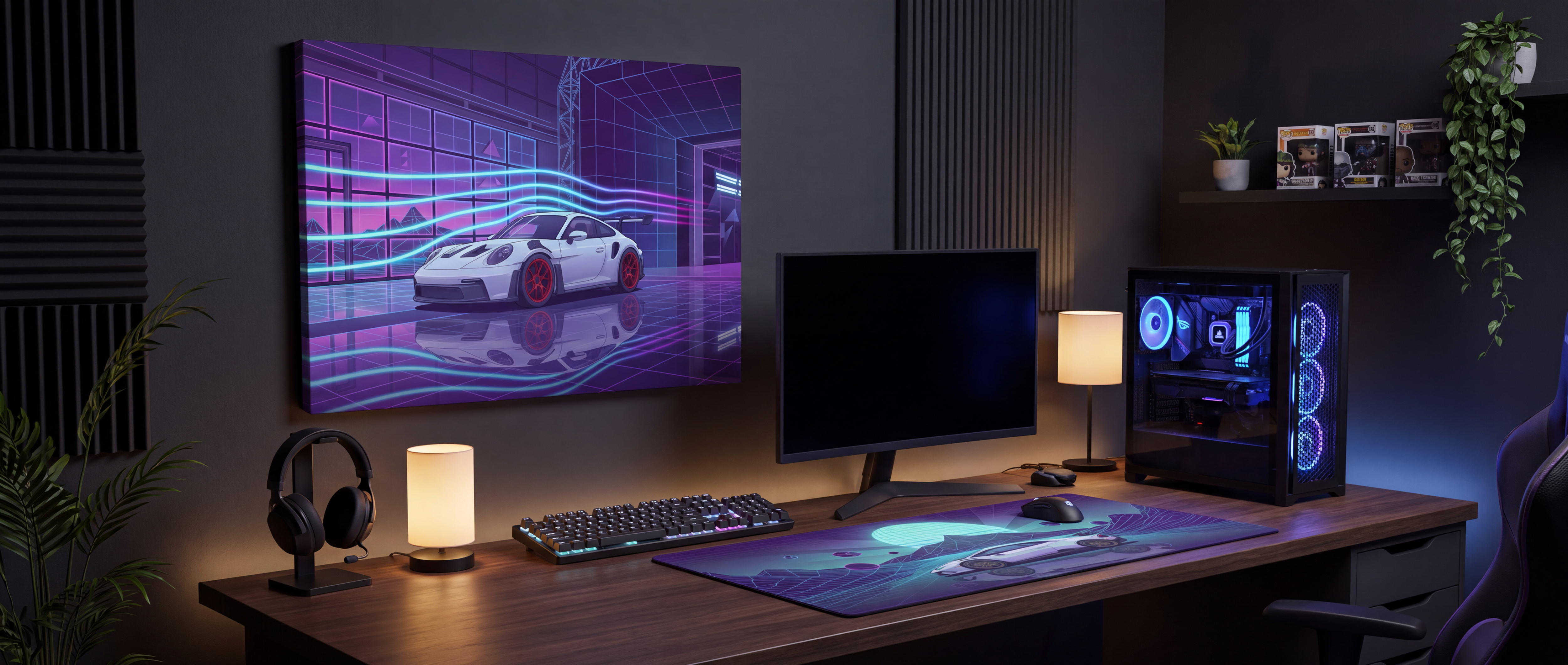 A sleek, black gaming monitor with a minimalist frame sits on the desk.