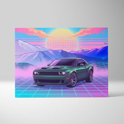 Dodge Challenger Inspired Neon Vaporwave Horizon Canvas - Car Art Neon Pink Blue Vaporwave Nostalgic Synthwave Canvas