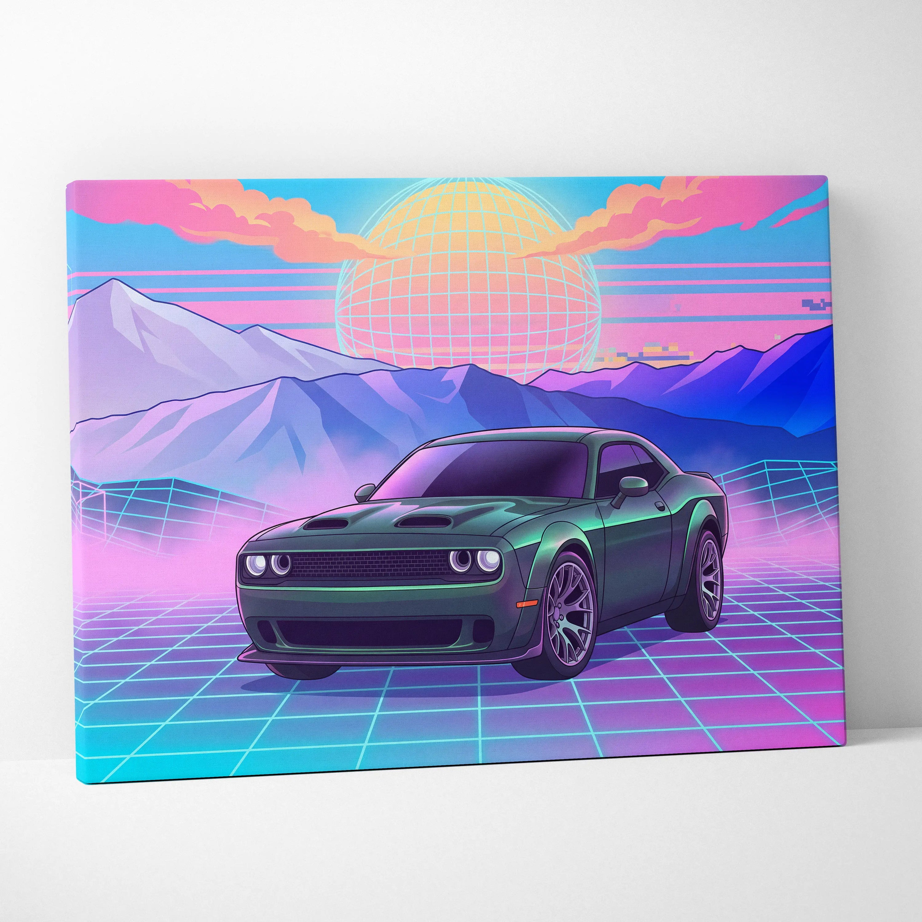 Dodge Challenger Inspired Neon Vaporwave Horizon Canvas - Car Art Neon Pink Blue Vaporwave Nostalgic Synthwave Canvas