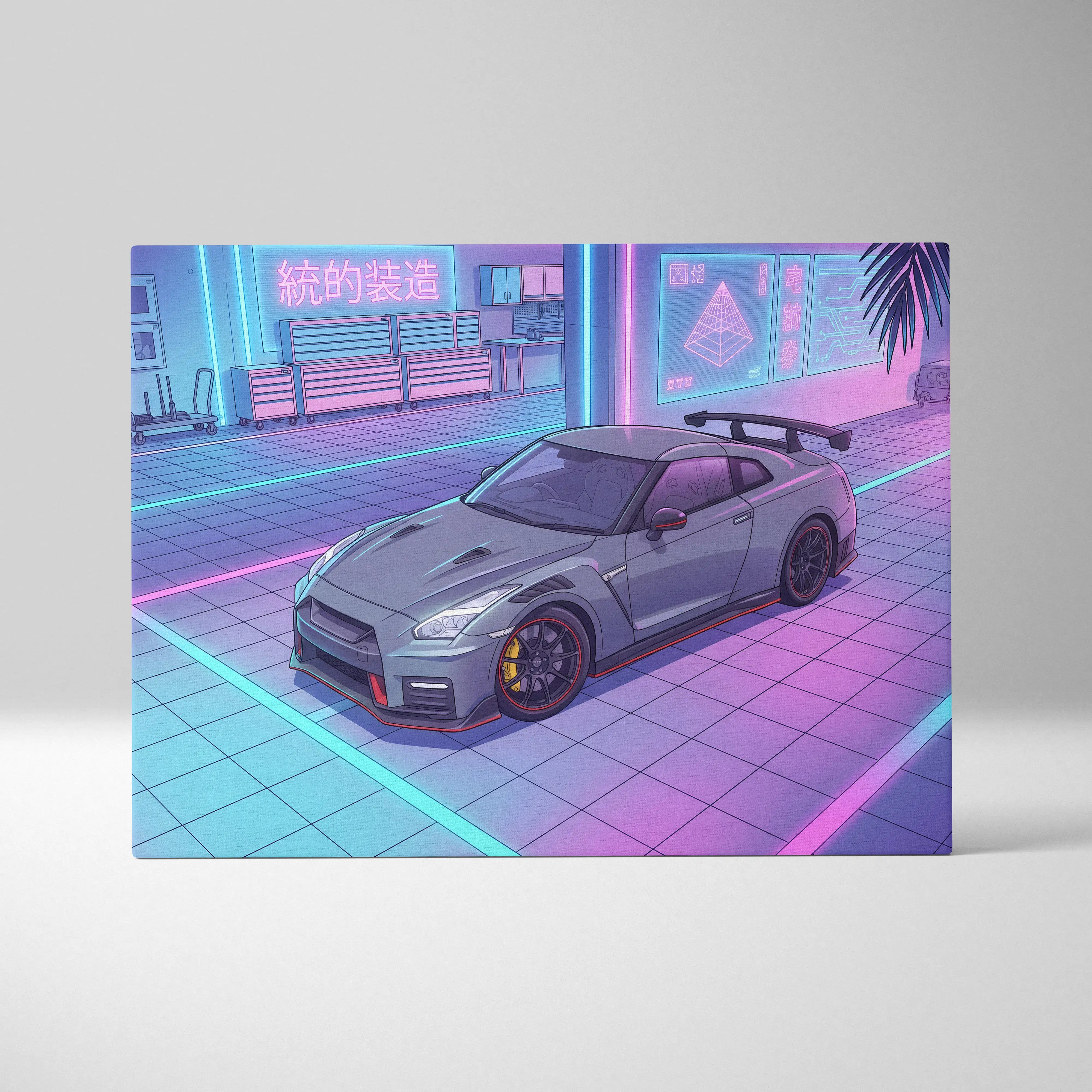 Gray Nissan GT-R sports car with black rims and yellow brake calipers in neon-lit garage for vaporwave night drive canvas