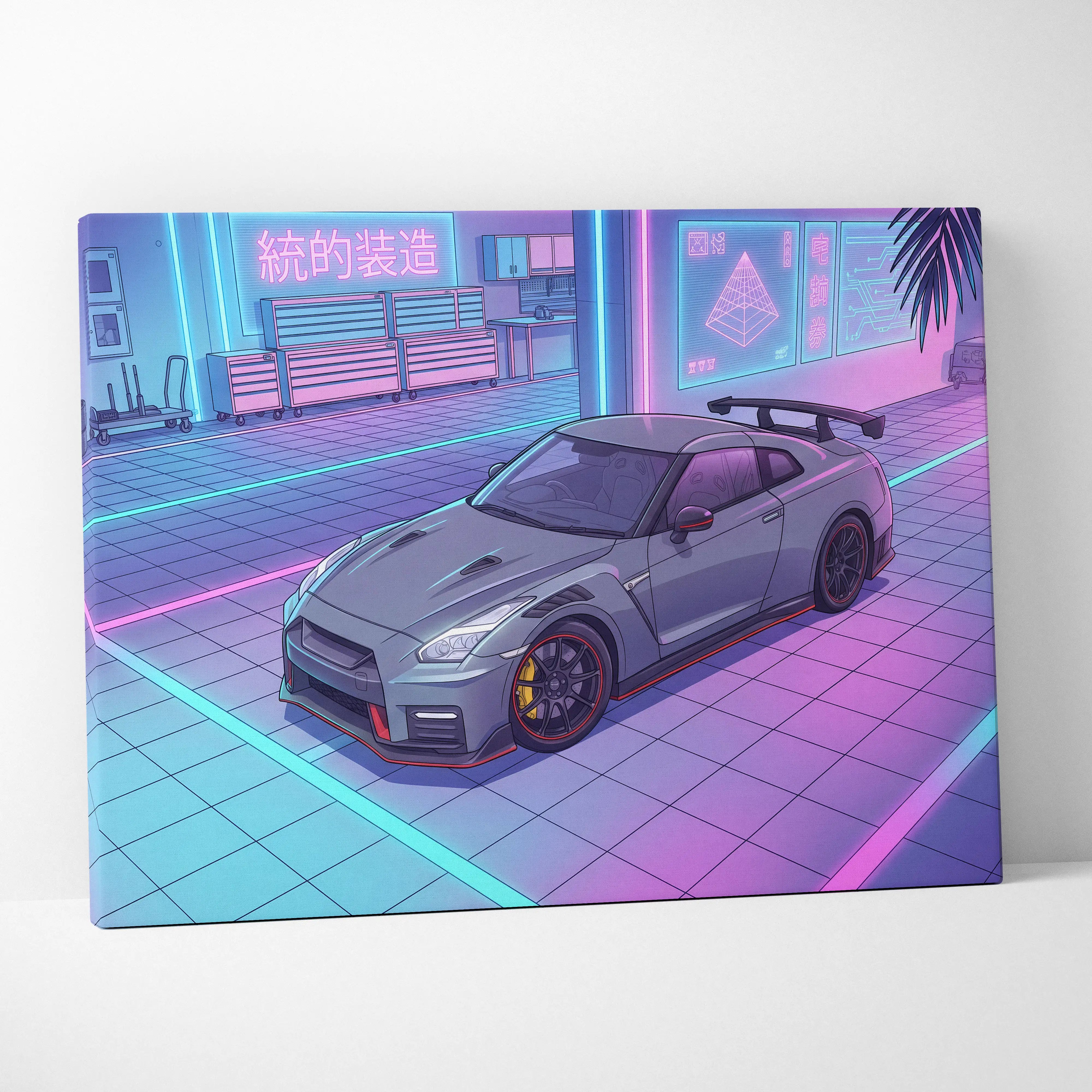 Gray nissan gt-r r35 sports car with black rims and yellow brake calipers in neon pink blue vaporwave garage setting