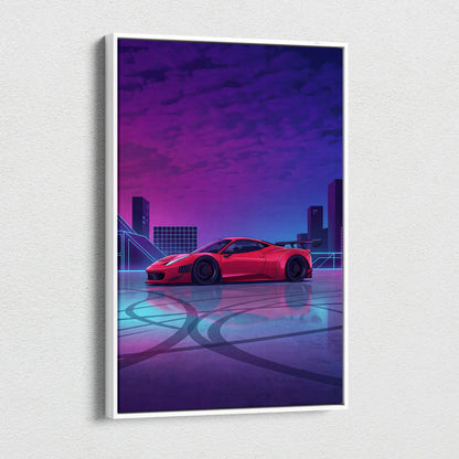 Ferrari 458 Italia Inspired - Neon Vaporwave Car Canvas - Car Artwork Neon Pink Blue Living Room Vaporwave