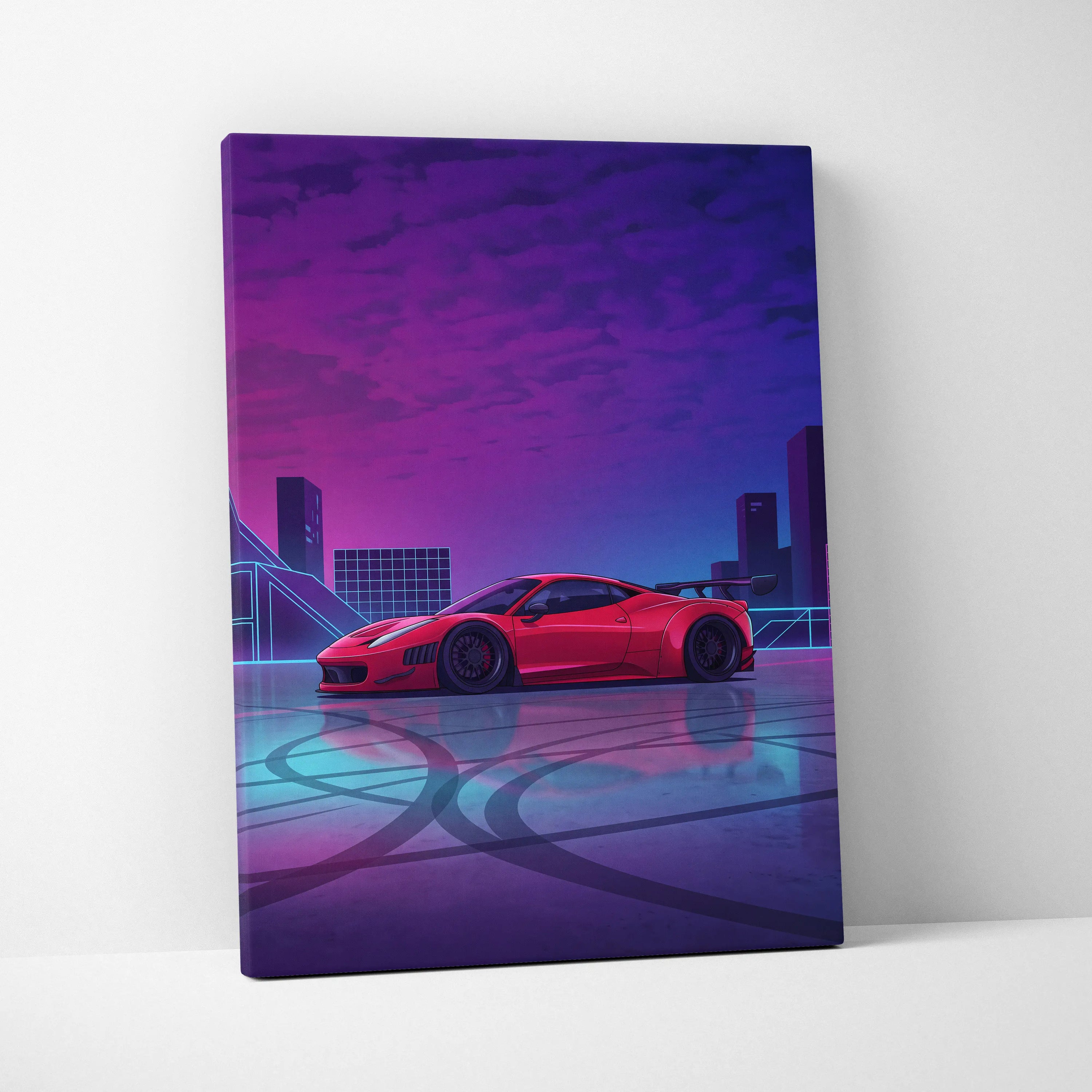 Ferrari 458 Italia Inspired - Neon Vaporwave Car Canvas - Car Artwork Neon Pink Blue Living Room Vaporwave