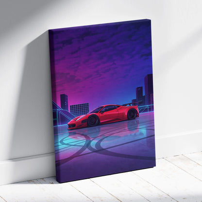 Ferrari 458 Italia Inspired - Neon Vaporwave Car Canvas - Car Artwork Neon Pink Blue Living Room Vaporwave