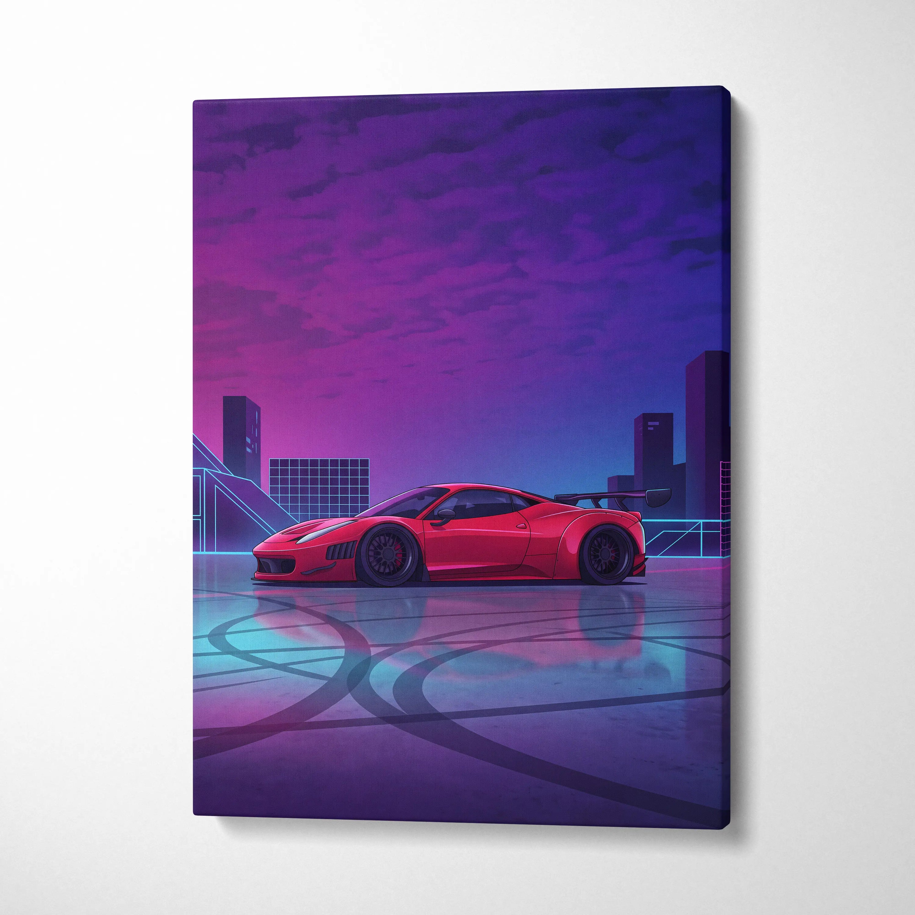 Ferrari 458 Italia Inspired - Neon Vaporwave Car Canvas - Car Artwork Neon Pink Blue Living Room Vaporwave