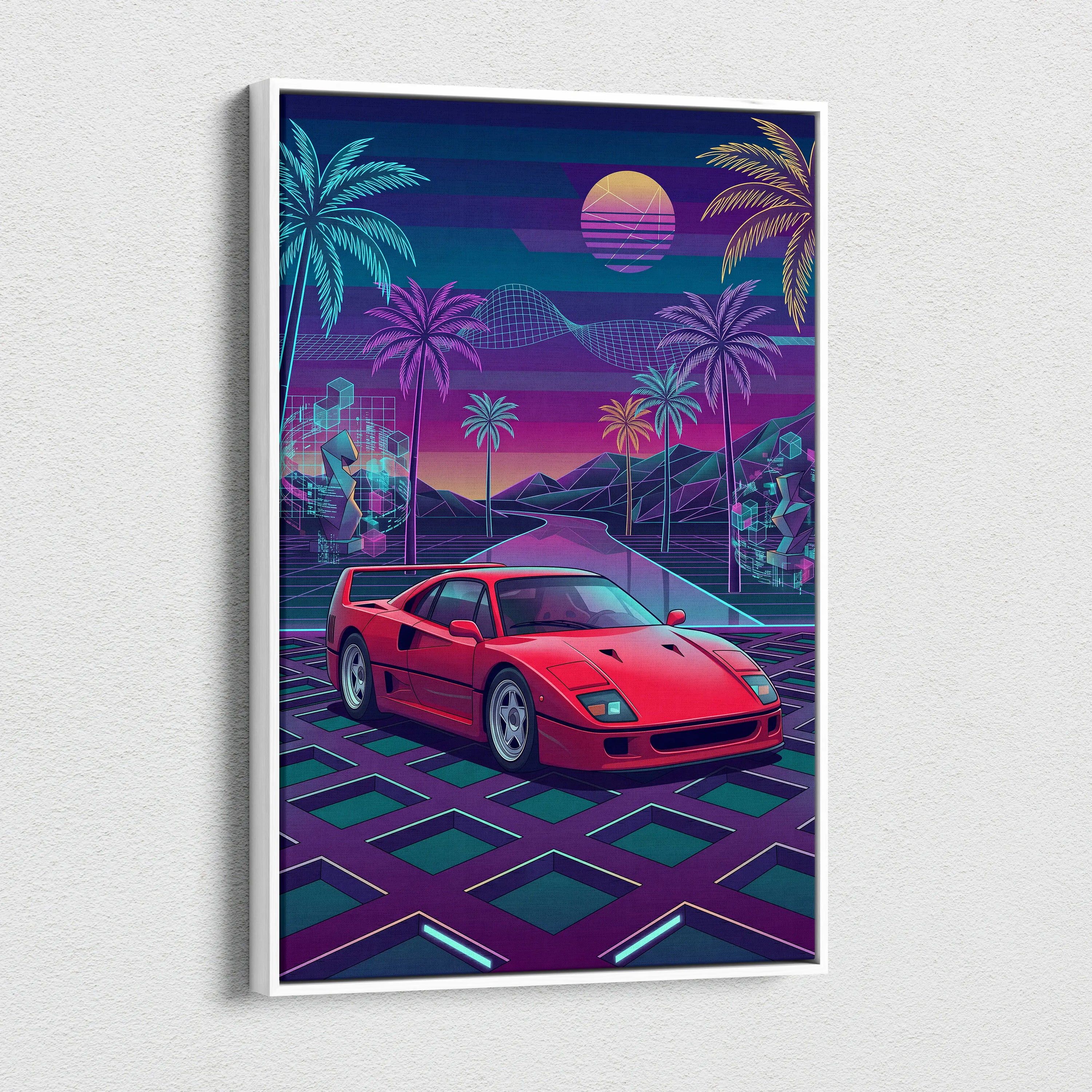 Ferrari F40 Inspired, Vaporwave Neon Palm Sunset - Car Art Neon Pink Blue Purple Retro Futurism, Nostalgic Mood