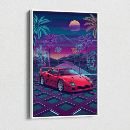 Ferrari F40 Inspired, Vaporwave Neon Palm Sunset - Car Art Neon Pink Blue Purple Retro Futurism, Nostalgic Mood