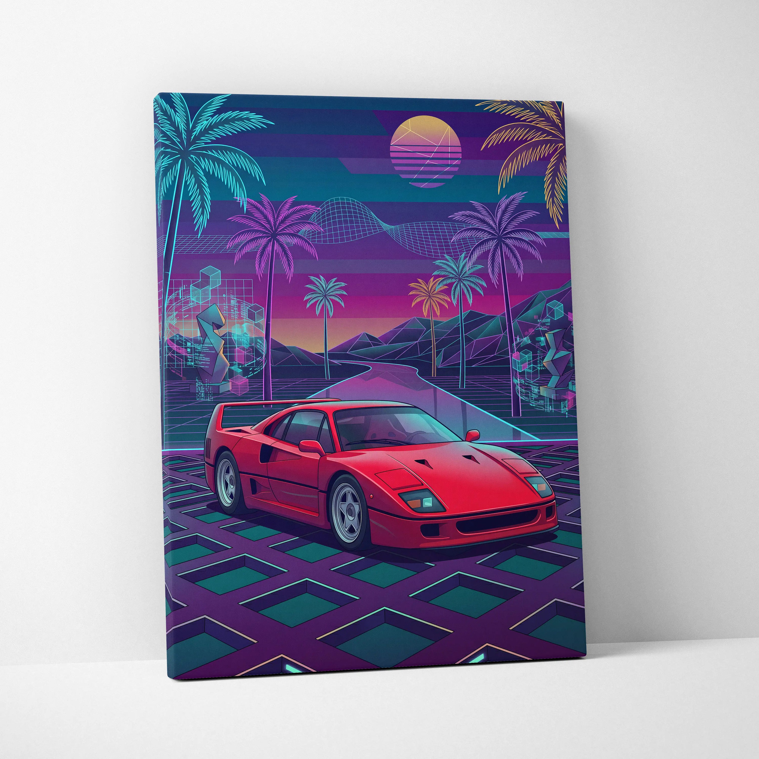 Ferrari F40 Inspired, Vaporwave Neon Palm Sunset - Car Art Neon Pink Blue Purple Retro Futurism, Nostalgic Mood