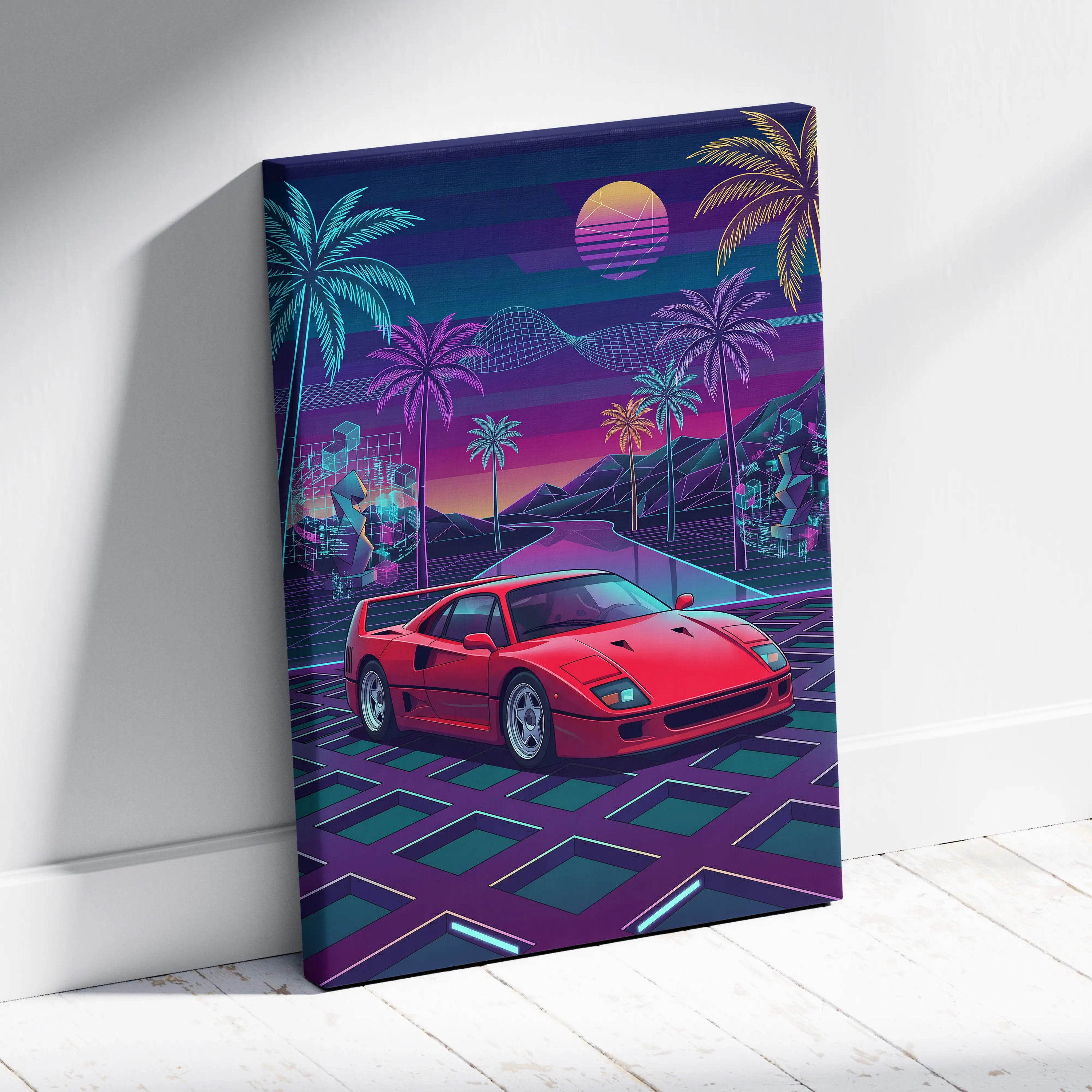 Ferrari F40 Inspired, Vaporwave Neon Palm Sunset - Car Art Neon Pink Blue Purple Retro Futurism, Nostalgic Mood