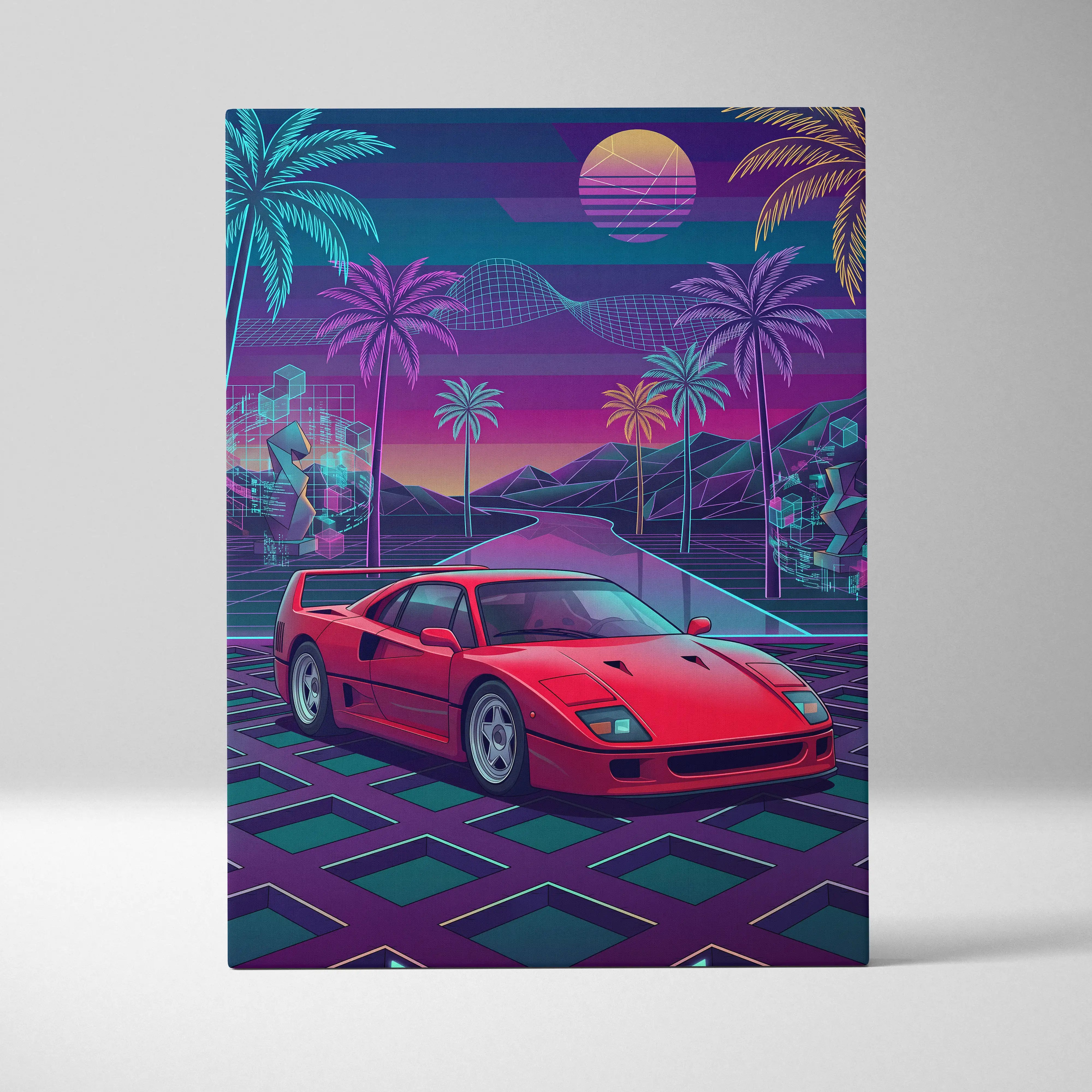 Vibrant red Ferrari F40 sports car in retro-futuristic digital art style with neon palm trees and geometric landscapes