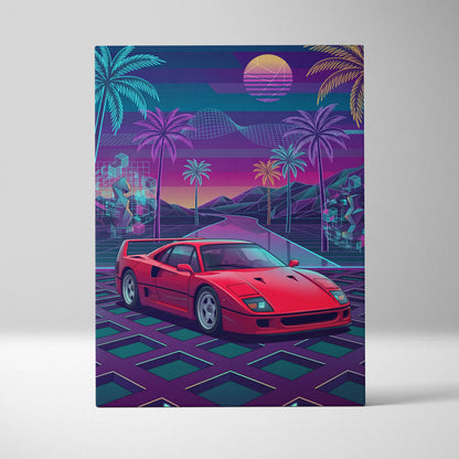 Ferrari F40 Inspired, Vaporwave Neon Palm Sunset - Car Art Neon Pink Blue Purple Retro Futurism, Nostalgic Mood