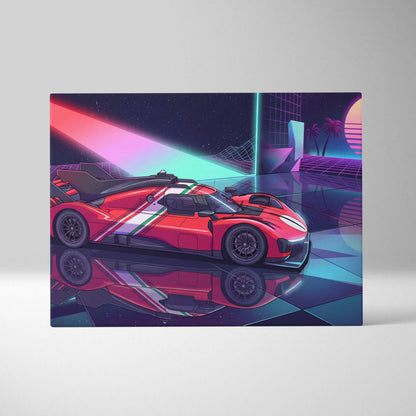Ferrari 499P Inspired Vaporwave Neon Sunset Canvas - Car Art Neon Pink Teal Purple Living Room Vaporwave