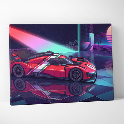 Ferrari 499P Inspired Vaporwave Neon Sunset Canvas - Car Art Neon Pink Teal Purple Living Room Vaporwave