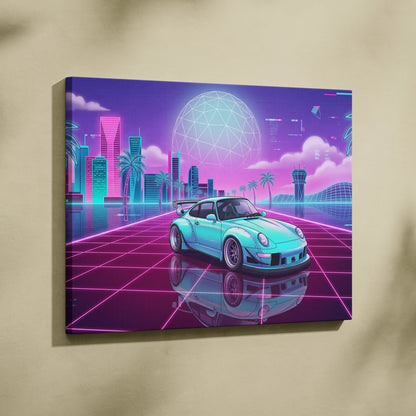 RWB Porsche 911 Inspired Vaporwave Neon City Canvas - Vaporwave Neon Art For Living Room, Retro Futurism, Gallery Print