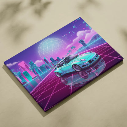 RWB Porsche 911 Inspired Vaporwave Neon City Canvas - Vaporwave Neon Art For Living Room, Retro Futurism, Gallery Print