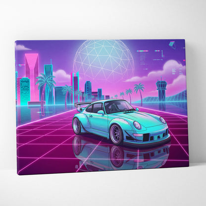 RWB Porsche 911 Inspired Vaporwave Neon City Canvas - Vaporwave Neon Art For Living Room, Retro Futurism, Gallery Print