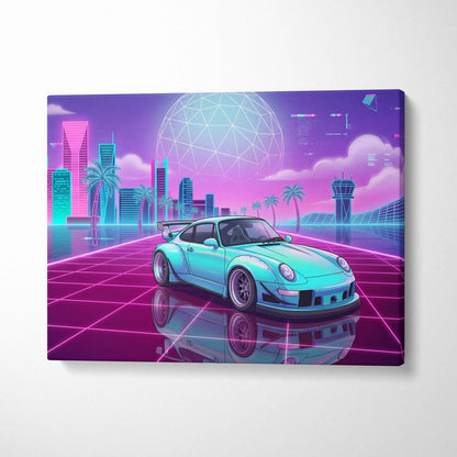 RWB Porsche 911 Inspired Vaporwave Neon City Canvas - Vaporwave Neon Art For Living Room, Retro Futurism, Gallery Print