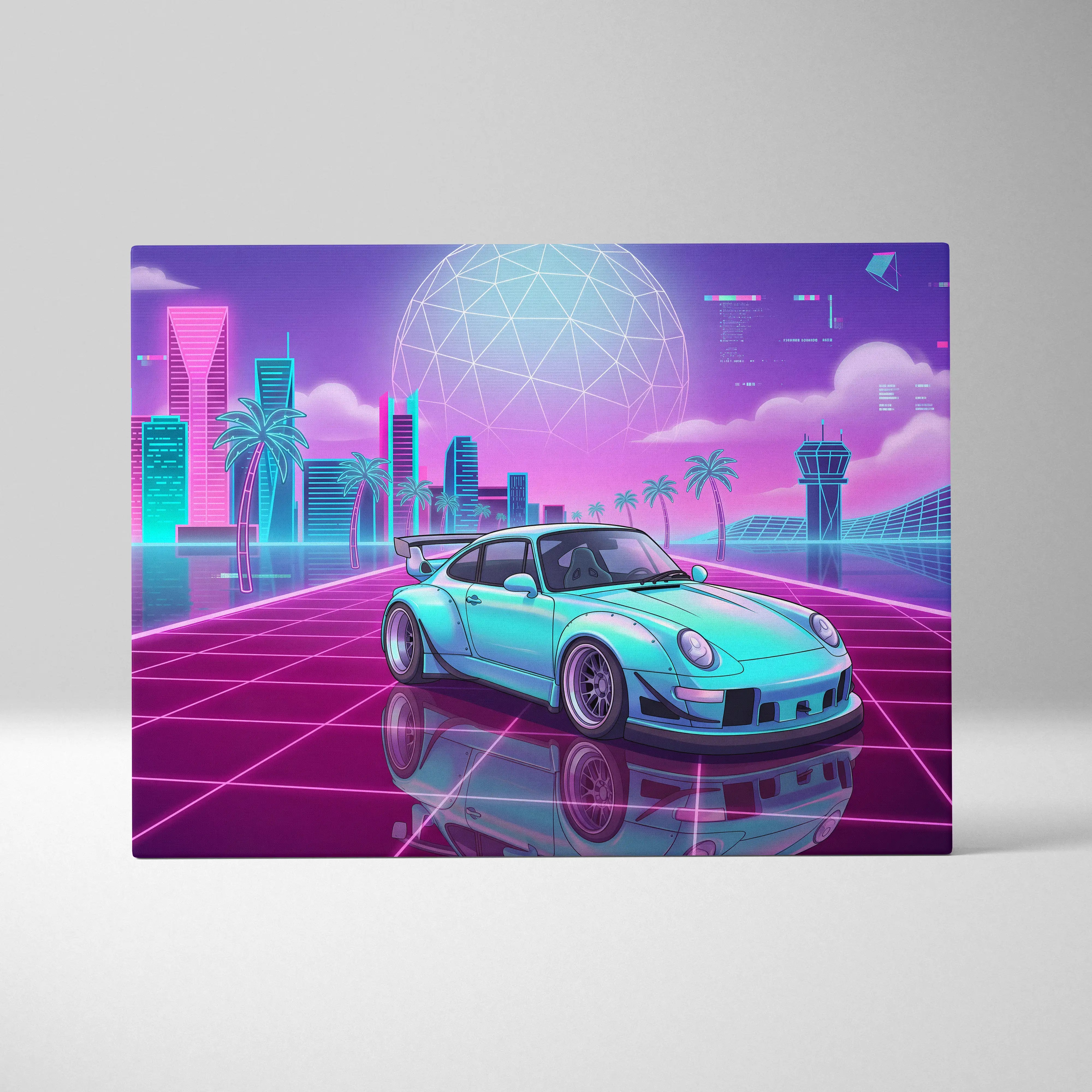 A turquoise neon-lit porsche 911 with black racing stripes in a vaporwave neon city canvas print for living room decor