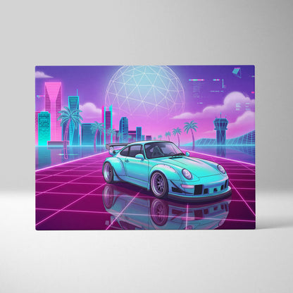 RWB Porsche 911 Inspired Vaporwave Neon City Canvas - Vaporwave Neon Art For Living Room, Retro Futurism, Gallery Print