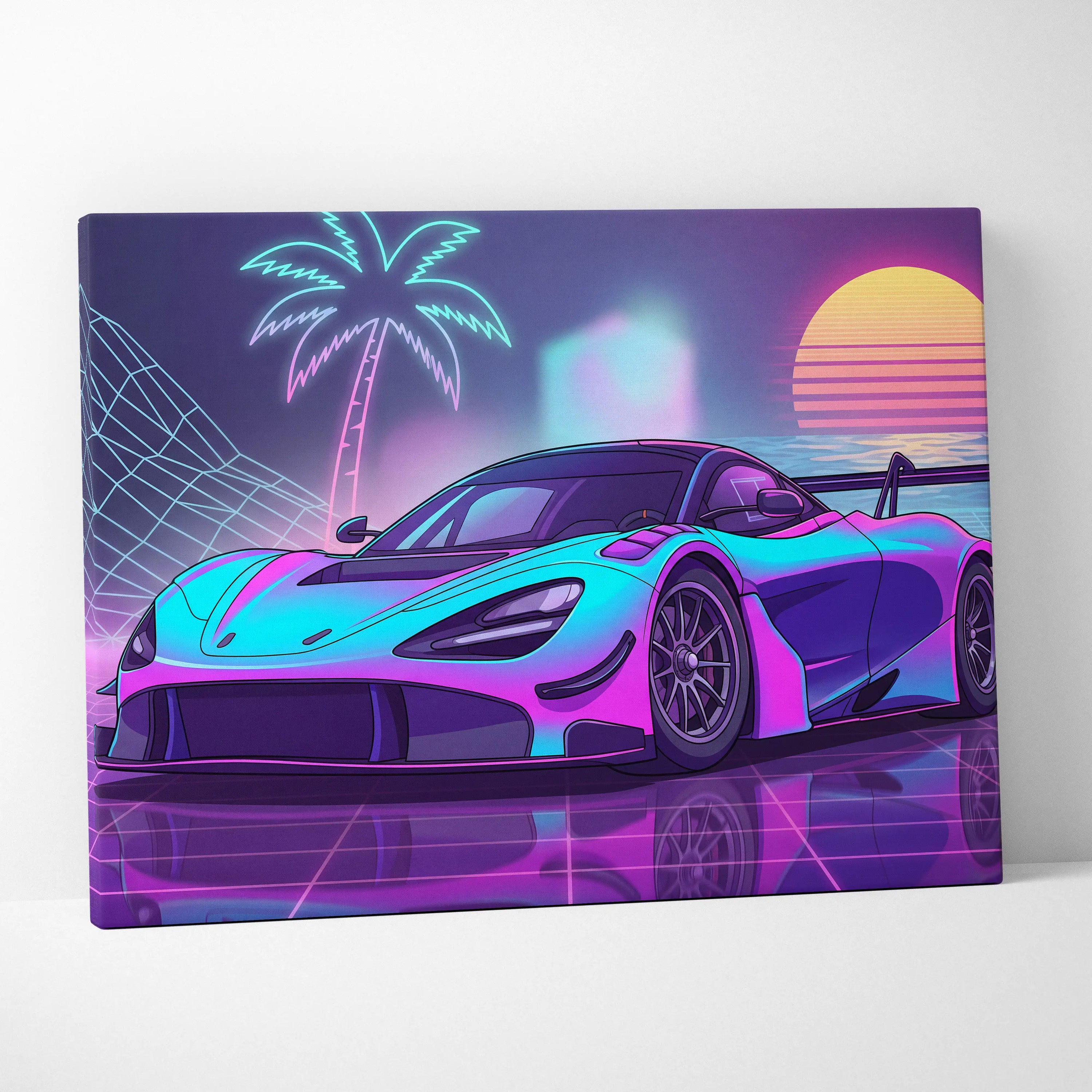 McLaren 720S GT3 Inspired Neon Vaporwave Sunset Drift - Car Art Neon Pink Blue Vaporwave - Moody Retro Futurism Neon