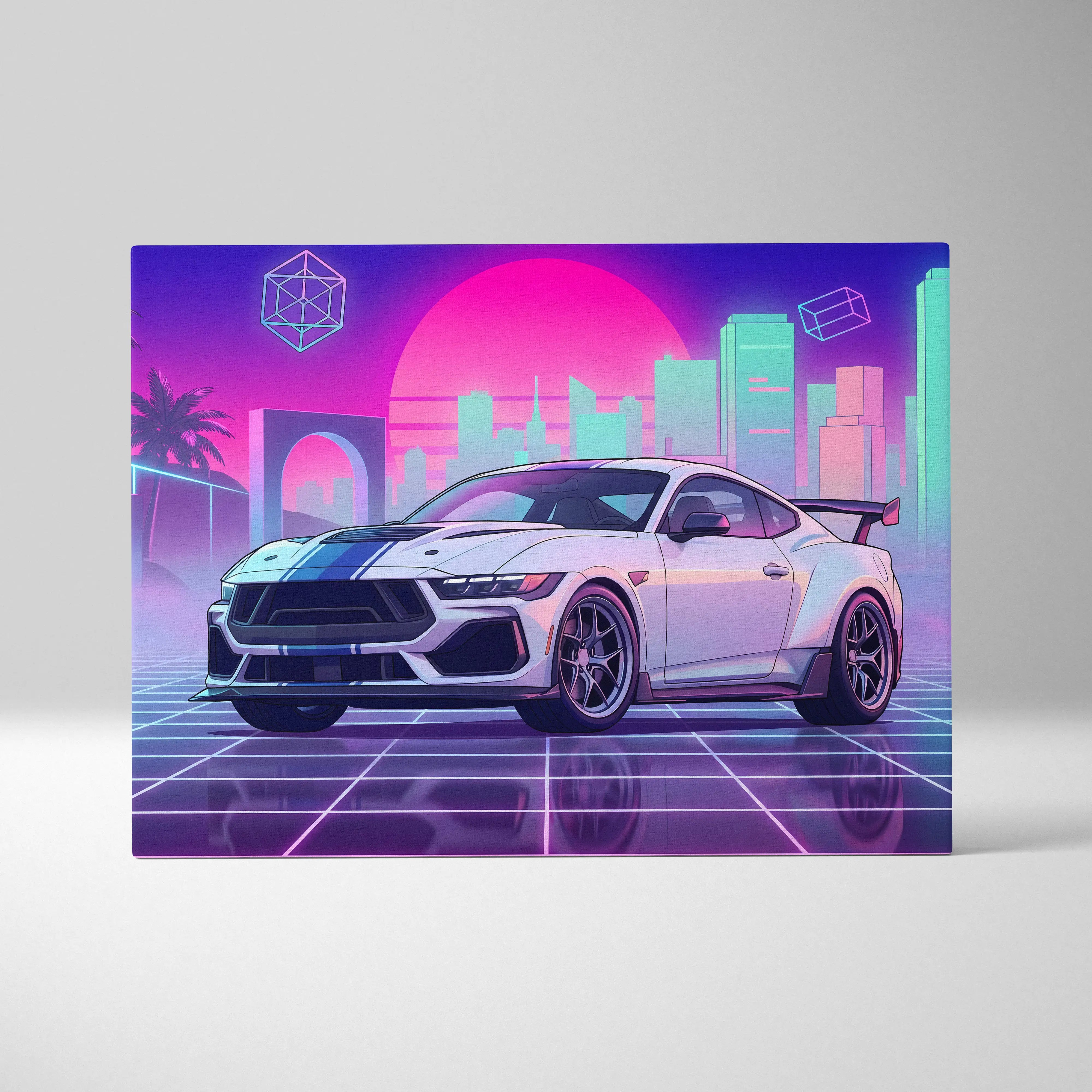 A sleek white ford mustang darkhouse supersnake r sports car with blue stripes in a neon cyberpunk cityscape canvas