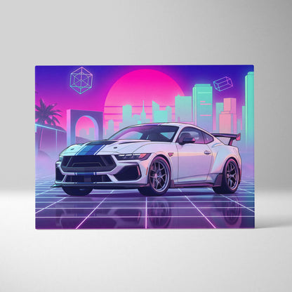 Ford Mustang Darkhouse Supersnake R Inspired Neon Skyline Vaporwave Dream - Car Neon Pink Purple Living Room Nostalgic Retro Futurism Canvas
