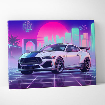 Ford Mustang Darkhouse Supersnake R Inspired Neon Skyline Vaporwave Dream - Car Neon Pink Purple Living Room Nostalgic Retro Futurism Canvas
