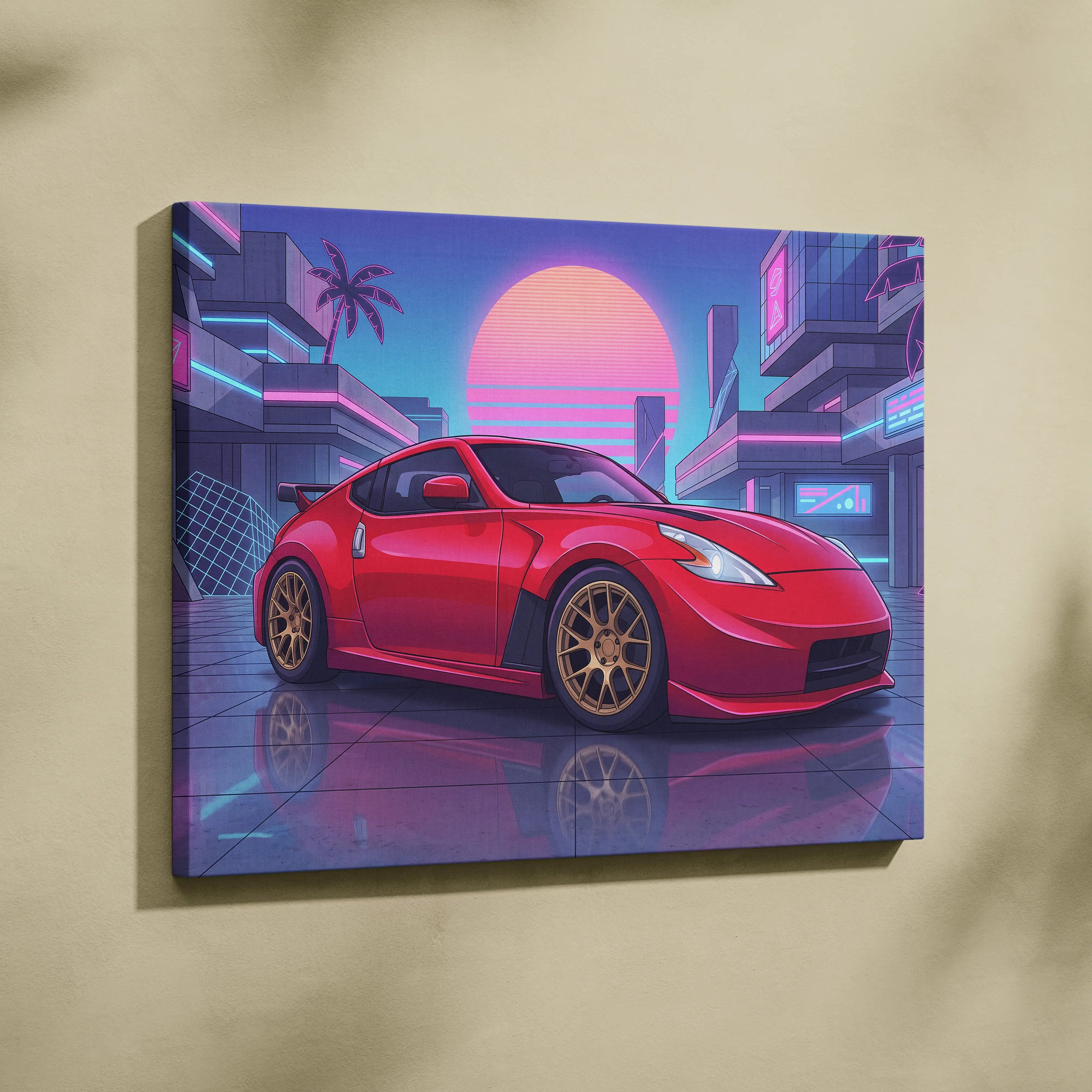 Nissan 370z Neon Sunset City Drive - Vaporwave Car Neon Pink Wall Art Nostalgic Mood Canvas Print