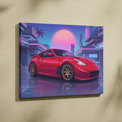 Nissan 370z Neon Sunset City Drive - Vaporwave Car Neon Pink Wall Art Nostalgic Mood Canvas Print