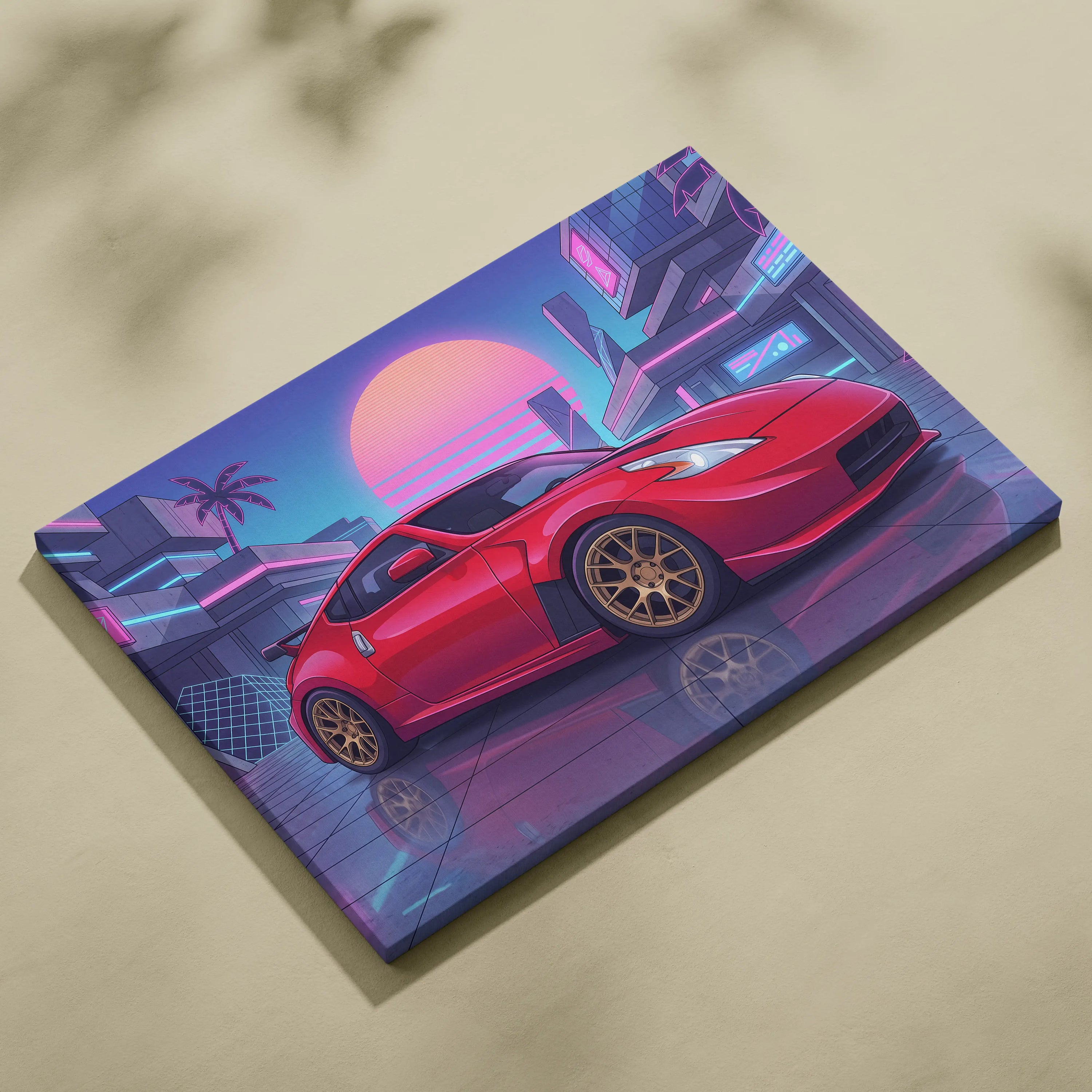 Nissan 370z Neon Sunset City Drive - Vaporwave Car Neon Pink Wall Art Nostalgic Mood Canvas Print