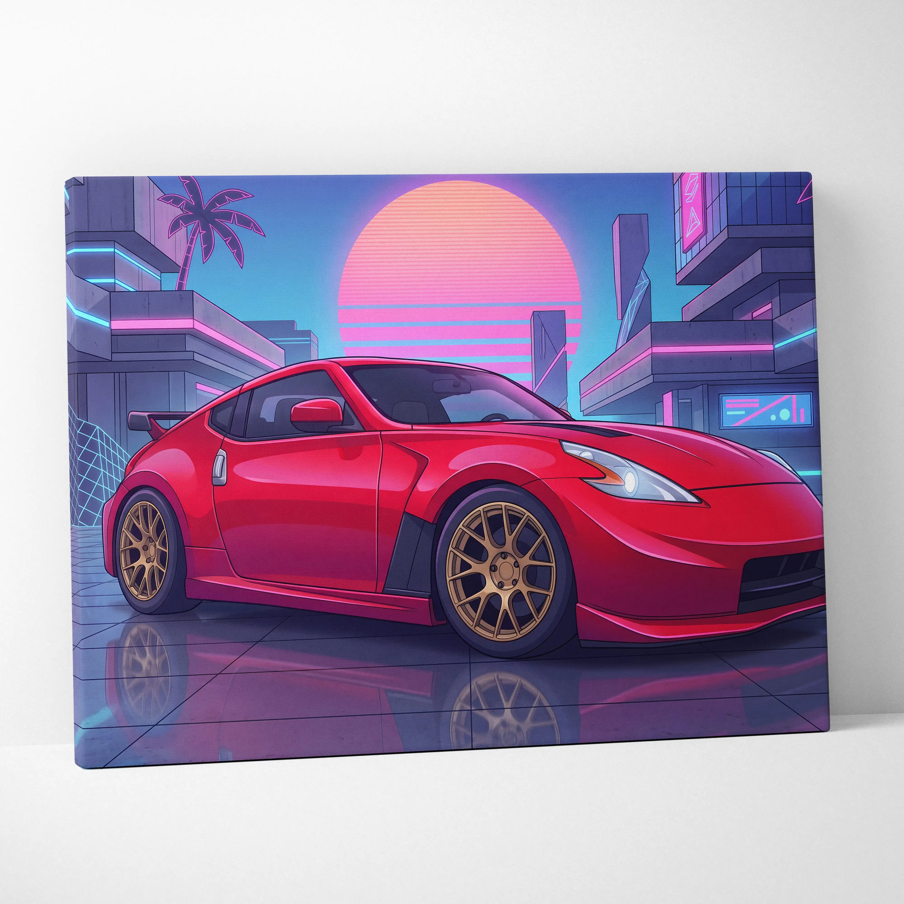 Nissan 370z Neon Sunset City Drive - Vaporwave Car Neon Pink Wall Art Nostalgic Mood Canvas Print