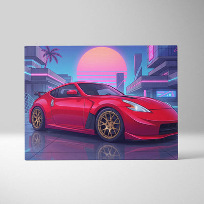 Nissan 370z Neon Sunset City Drive - Vaporwave Car Neon Pink Wall Art Nostalgic Mood Canvas Print