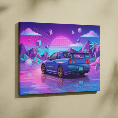 Nissan GT-R R34 Inspired Neon Vaporwave Car Dream - Car Pink Purple Blue Dreamy Retro Futurism Living Room Vaporwave Canvas