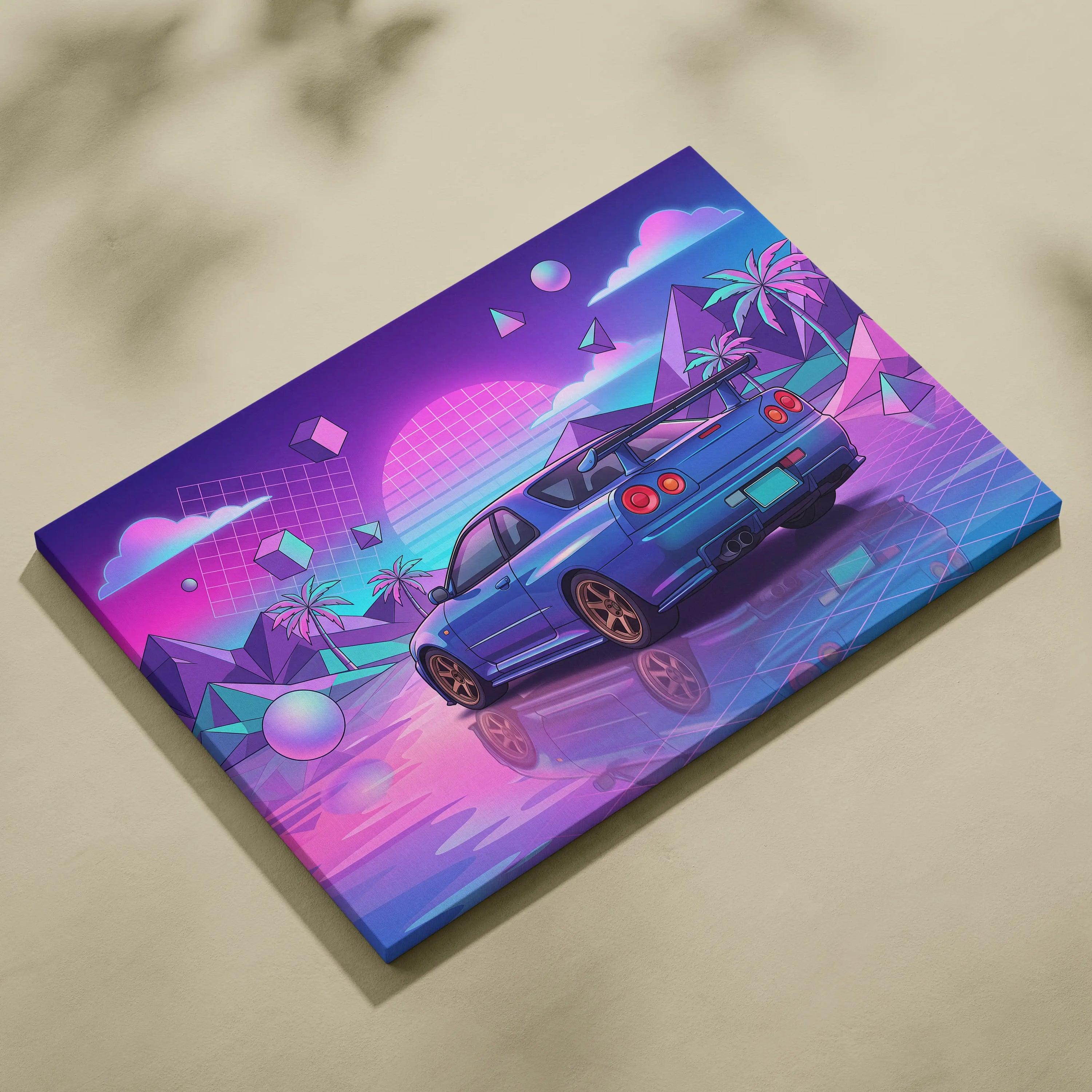 Nissan GT-R R34 Inspired Neon Vaporwave Car Dream - Car Pink Purple Blue Dreamy Retro Futurism Living Room Vaporwave Canvas