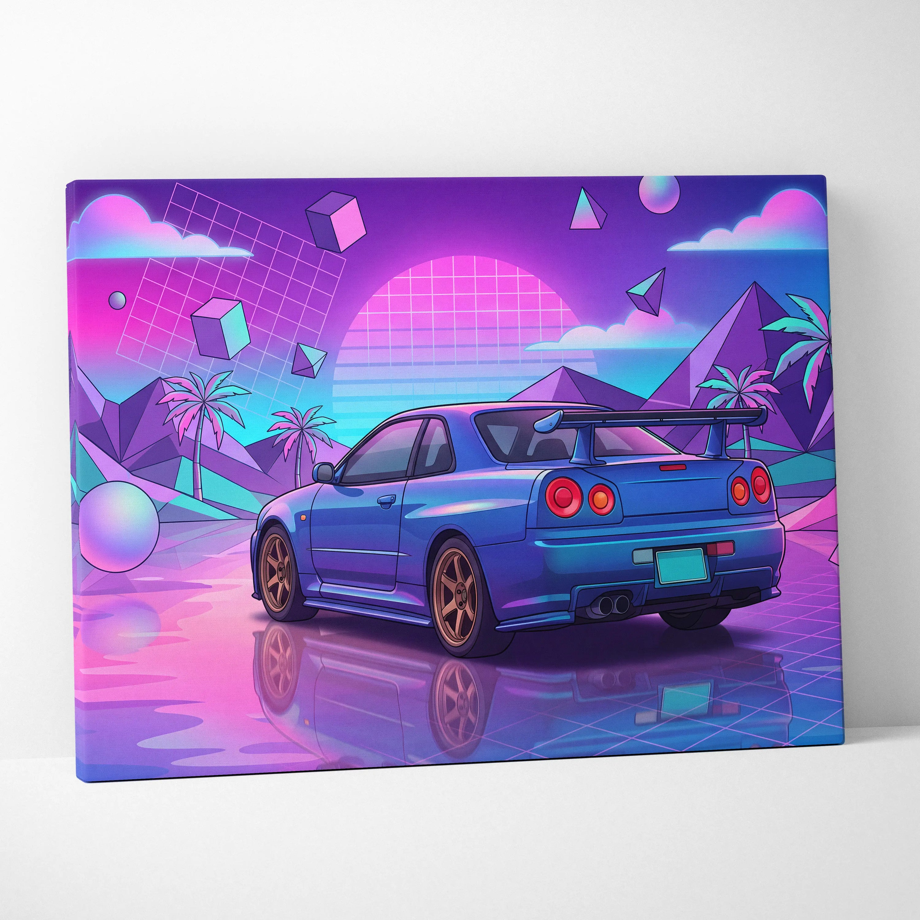 Nissan GT-R R34 Inspired Neon Vaporwave Car Dream - Car Pink Purple Blue Dreamy Retro Futurism Living Room Vaporwave Canvas