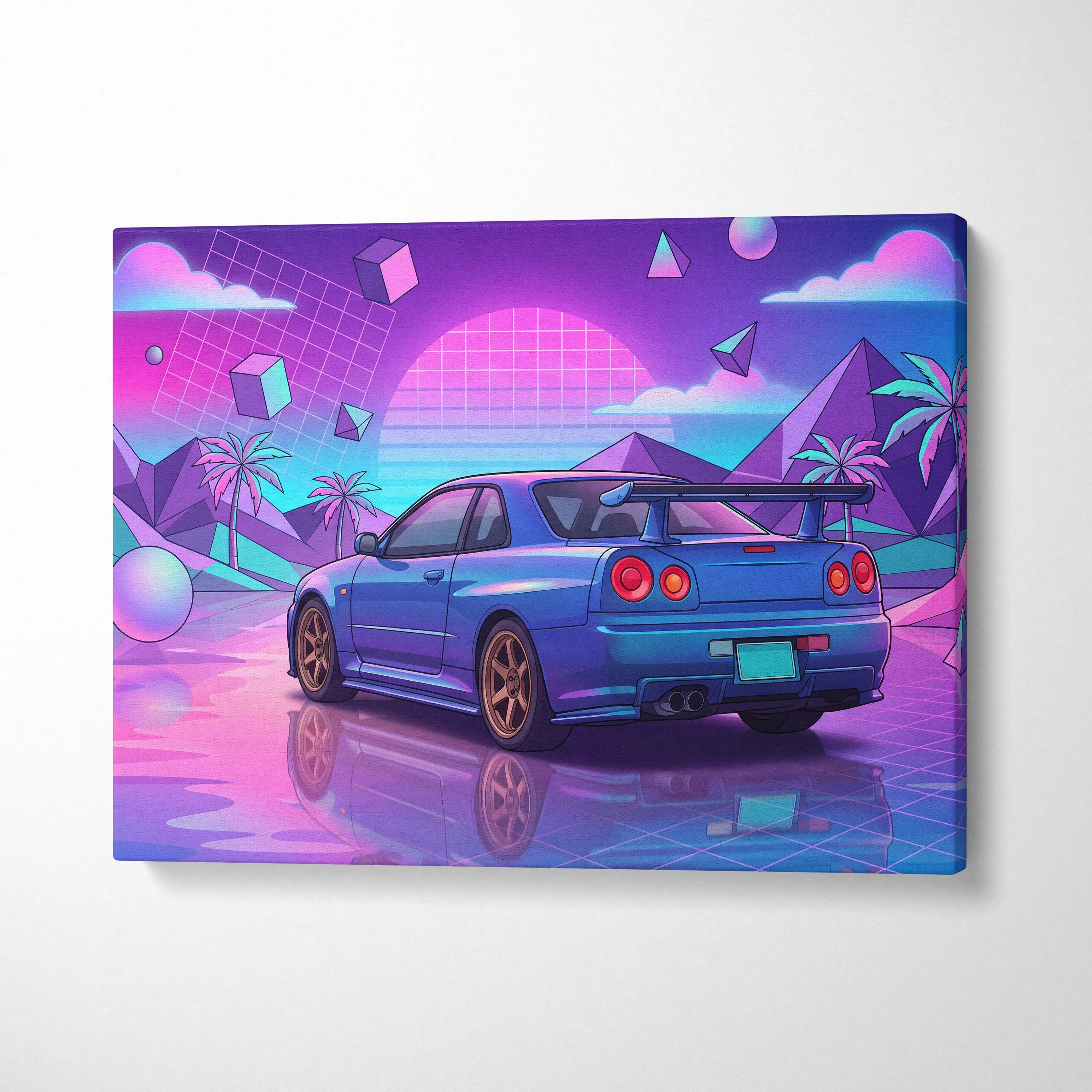 Nissan GT-R R34 Inspired Neon Vaporwave Car Dream - Car Pink Purple Blue Dreamy Retro Futurism Living Room Vaporwave Canvas