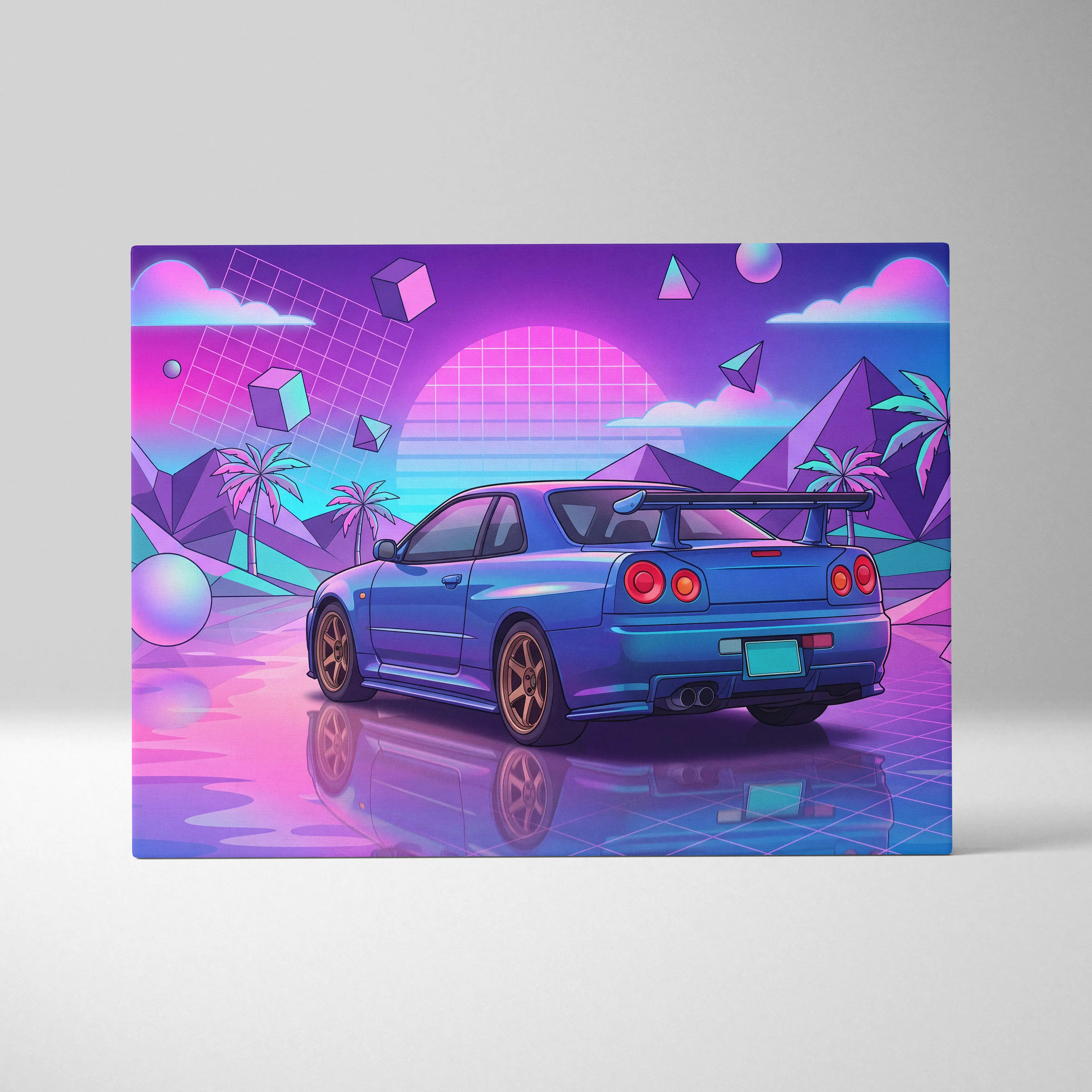 Vibrant blue nissan skyline r34 sports car in a neon vaporwave retro futurism landscape with glowing purples and geometric shapes