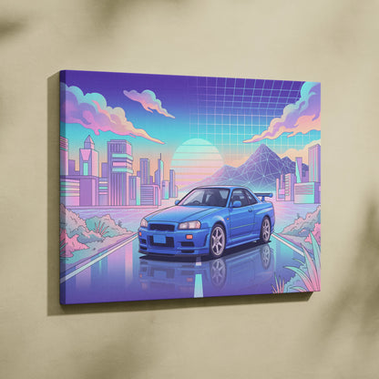 Nissan Skyline GT-R R34 Inspired Vaporwave Neon City Canvas - Car Art Neon Pink Blue Room Retro Futurism Vaporwave Canvas